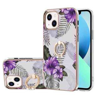 For iPhone 15 Plus Electroplating Pattern IMD TPU Shockproof Case with Rhinestone Ring Holder(Purple Flower)