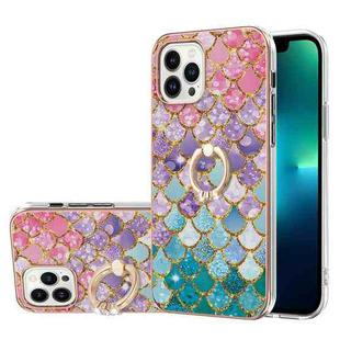 For iPhone 15 Pro Electroplating Pattern IMD TPU Shockproof Case with Rhinestone Ring Holder(Colorful Scales)