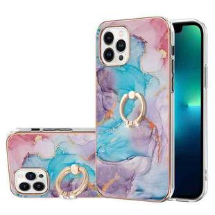 For iPhone 15 Pro Max Electroplating Pattern IMD TPU Shockproof Case with Rhinestone Ring Holder(Milky Way Blue Marble)