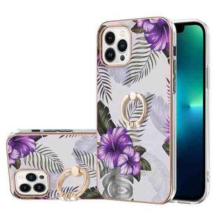 For iPhone 16 Pro Max Electroplating Pattern IMD TPU Shockproof Case with Rhinestone Ring Holder(Purple Flower)