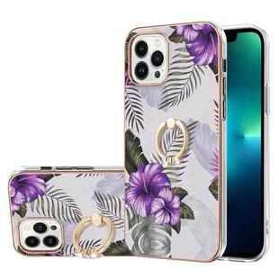 For iPhone 16 Pro Electroplating Pattern IMD TPU Shockproof Case with Rhinestone Ring Holder(Purple Flower)