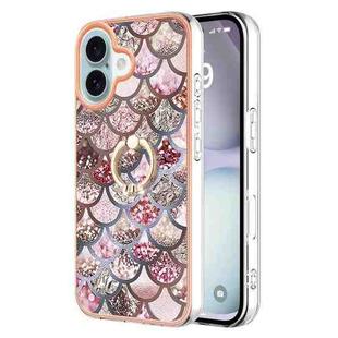 For iPhone 16 Plus Electroplating Pattern IMD TPU Shockproof Case with Rhinestone Ring Holder(Pink Scales)