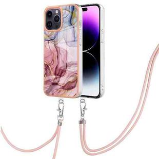 For iPhone 15 Pro Max Electroplating Marble Dual-side IMD Phone Case with Lanyard(Rose Red 014)
