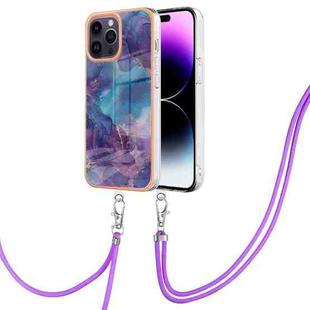 For iPhone 15 Pro Max Electroplating Marble Dual-side IMD Phone Case with Lanyard(Purple 016)