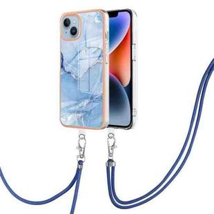 For iPhone 15 Plus Electroplating Marble Dual-side IMD Phone Case with Lanyard(Blue 018)