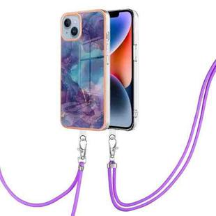 For iPhone 15 Plus Electroplating Marble Dual-side IMD Phone Case with Lanyard(Purple 016)