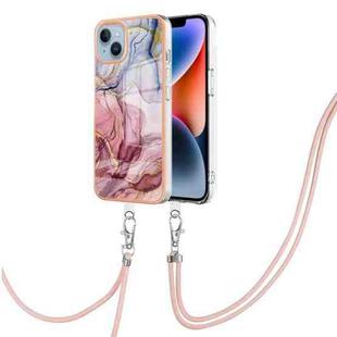 For iPhone 15 Electroplating Marble Dual-side IMD Phone Case with Lanyard(Rose Red 014)
