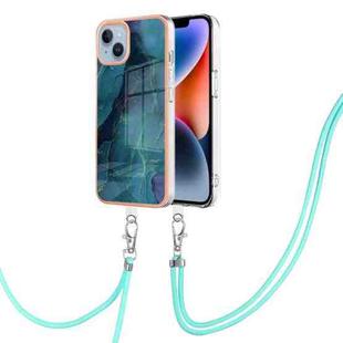 For iPhone 15 Electroplating Marble Dual-side IMD Phone Case with Lanyard(Green 017)