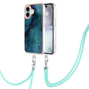 For iPhone 16 Plus Electroplating Marble Dual-side IMD Phone Case with Lanyard(Green 017)