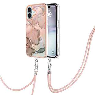 For iPhone 16 Electroplating Marble Dual-side IMD Phone Case with Lanyard(Rose Gold 015)