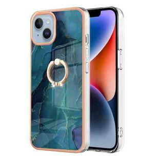 For iPhone 15 Plus Electroplating Marble Dual-side IMD Phone Case with Ring(Green 017)