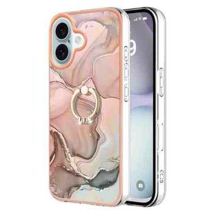 For iPhone 16 Plus Electroplating Marble Dual-side IMD Phone Case with Ring(Rose Gold 015)