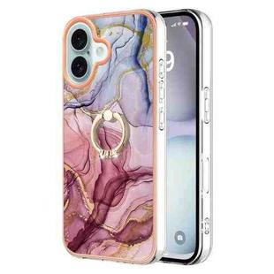 For iPhone 16 Plus Electroplating Marble Dual-side IMD Phone Case with Ring(Rose Red 014)