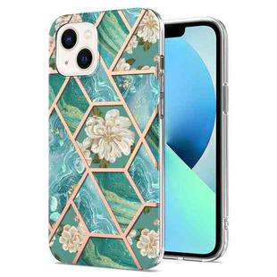 For iPhone 15 Electroplating Splicing Marble Flower Pattern TPU Shockproof Case(Blue Flower)