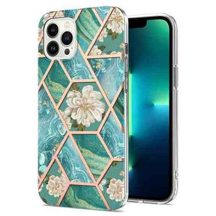 For iPhone 15 Pro Max Electroplating Splicing Marble Flower Pattern TPU Shockproof Case(Blue Flower)