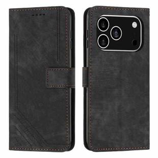 For iPhone 17 Pro Skin Feel Stripe Pattern Leather Phone Case with Lanyard(Black)
