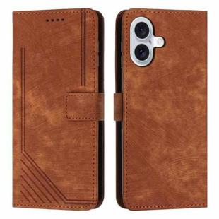 For iPhone 17 Skin Feel Stripe Pattern Leather Phone Case with Lanyard(Brown)
