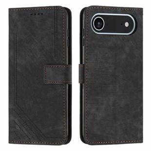 For iPhone 17 Air Skin Feel Stripe Pattern Leather Phone Case with Lanyard(Black)