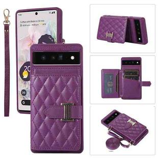 For Google Pixel 6 Pro Horizontal Card Bag Phone Case with Dual Lanyard(Dark Purple)