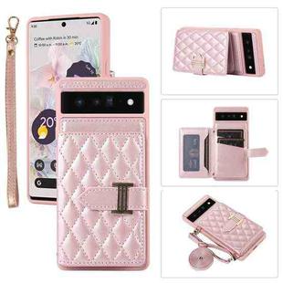 For Google Pixel 6 Pro Horizontal Card Bag Phone Case with Dual Lanyard(Rose Gold)