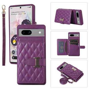 For Google Pixel 7a Horizontal Card Bag Phone Case with Dual Lanyard(Dark Purple)