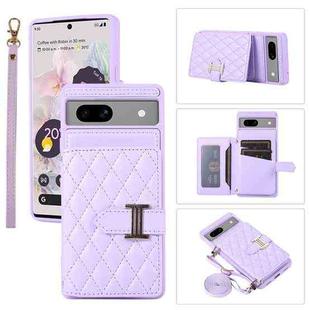 For Google Pixel 7a Horizontal Card Bag Phone Case with Dual Lanyard(Purple)