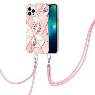 For iPhone 15 Pro Max Electroplating Splicing Marble Flower Pattern TPU Shockproof Case with Lanyard(Pink Flower)