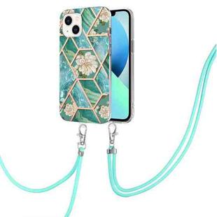 For iPhone 15 Electroplating Splicing Marble Flower Pattern TPU Shockproof Case with Lanyard(Blue Flower)