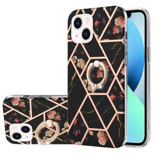 For iPhone 15 Electroplating Splicing Marble Flower Pattern TPU Shockproof Case with Rhinestone Ring Holder(Black Flower)