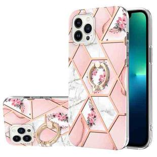 For iPhone 15 Pro Electroplating Splicing Marble Flower Pattern TPU Shockproof Case with Rhinestone Ring Holder(Pink Flower)