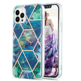 For iPhone 15 Pro Electroplating Splicing Marble Flower Pattern Dual-side IMD TPU Shockproof Phone Case(Blue Green)