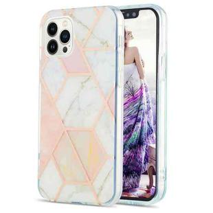 For iPhone 15 Pro Max Electroplating Splicing Marble Flower Pattern Dual-side IMD TPU Shockproof Phone Case(Pink White)