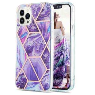 For iPhone 16 Pro Electroplating Splicing Marble Flower Pattern Dual-side IMD TPU Shockproof Phone Case(Dark Purple)