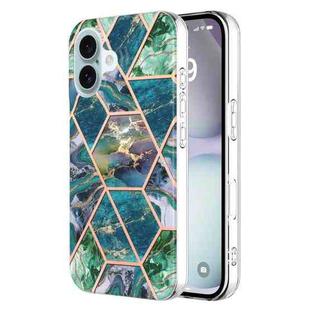 For iPhone 16 Plus Electroplating Splicing Marble Flower Pattern Dual-side IMD TPU Shockproof Phone Case(Blue Green)