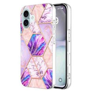 For iPhone 16 Plus Electroplating Splicing Marble Flower Pattern Dual-side IMD TPU Shockproof Phone Case(Light Purple)