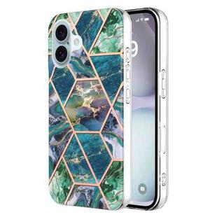 For iPhone 16 Electroplating Splicing Marble Flower Pattern Dual-side IMD TPU Shockproof Phone Case(Blue Green)