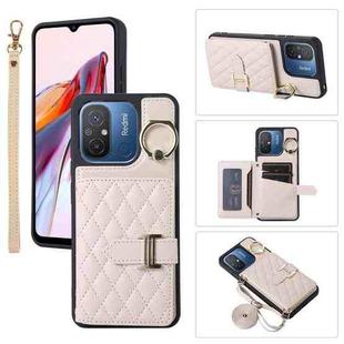 For Xiaomi Redmi 12C Horizontal Card Bag Ring Holder Phone Case with Dual Lanyard(Beige)