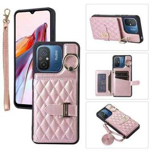 For Xiaomi Redmi 12C Horizontal Card Bag Ring Holder Phone Case with Dual Lanyard(Rose Gold)