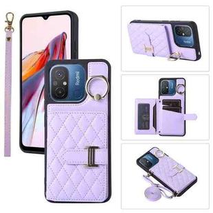 For Xiaomi Redmi 12C Horizontal Card Bag Ring Holder Phone Case with Dual Lanyard(Purple)