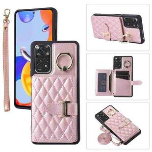 For Xiaomi Redmi Note 11 Horizontal Card Bag Ring Holder Phone Case with Dual Lanyard(Rose Gold)
