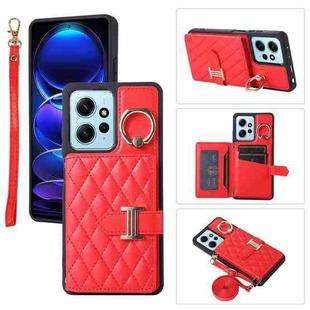 For Xiaomi Redmi Note 12 4G Horizontal Card Bag Ring Holder Phone Case with Dual Lanyard(Red)