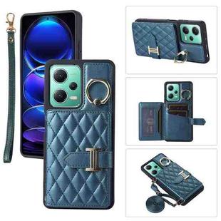 For Xiaomi Redmi Note 12 5G Horizontal Card Bag Ring Holder Phone Case with Dual Lanyard(Dark Green)