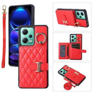 For Xiaomi Redmi Note 12 5G Horizontal Card Bag Ring Holder Phone Case with Dual Lanyard(Red)