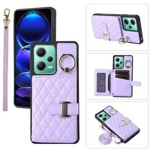 For Xiaomi Redmi Note 12 5G Horizontal Card Bag Ring Holder Phone Case with Dual Lanyard(Purple)