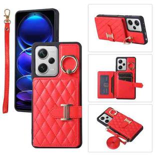 For Xiaomi Redmi Note 12 Pro 5G Horizontal Card Bag Ring Holder Phone Case with Dual Lanyard(Red)