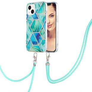 For iPhone 15 Electroplating Splicing Marble Pattern IMD TPU Shockproof Case with Neck Lanyard(Green)