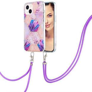 For iPhone 15 Electroplating Splicing Marble Pattern IMD TPU Shockproof Case with Neck Lanyard(Light Purple)