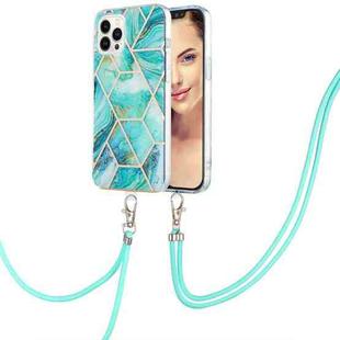 For iPhone 15 Pro Electroplating Splicing Marble Pattern IMD TPU Shockproof Case with Neck Lanyard(Blue)
