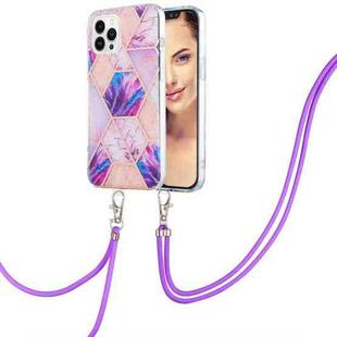 For iPhone 15 Pro Electroplating Splicing Marble Pattern IMD TPU Shockproof Case with Neck Lanyard(Light Purple)