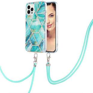 For iPhone 15 Pro Max Electroplating Splicing Marble Pattern IMD TPU Shockproof Case with Neck Lanyard(Blue)